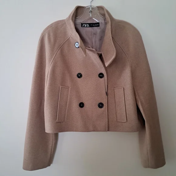 Zara Women's Camel Double-Breasted Pea Coat - Picture 4 of 7